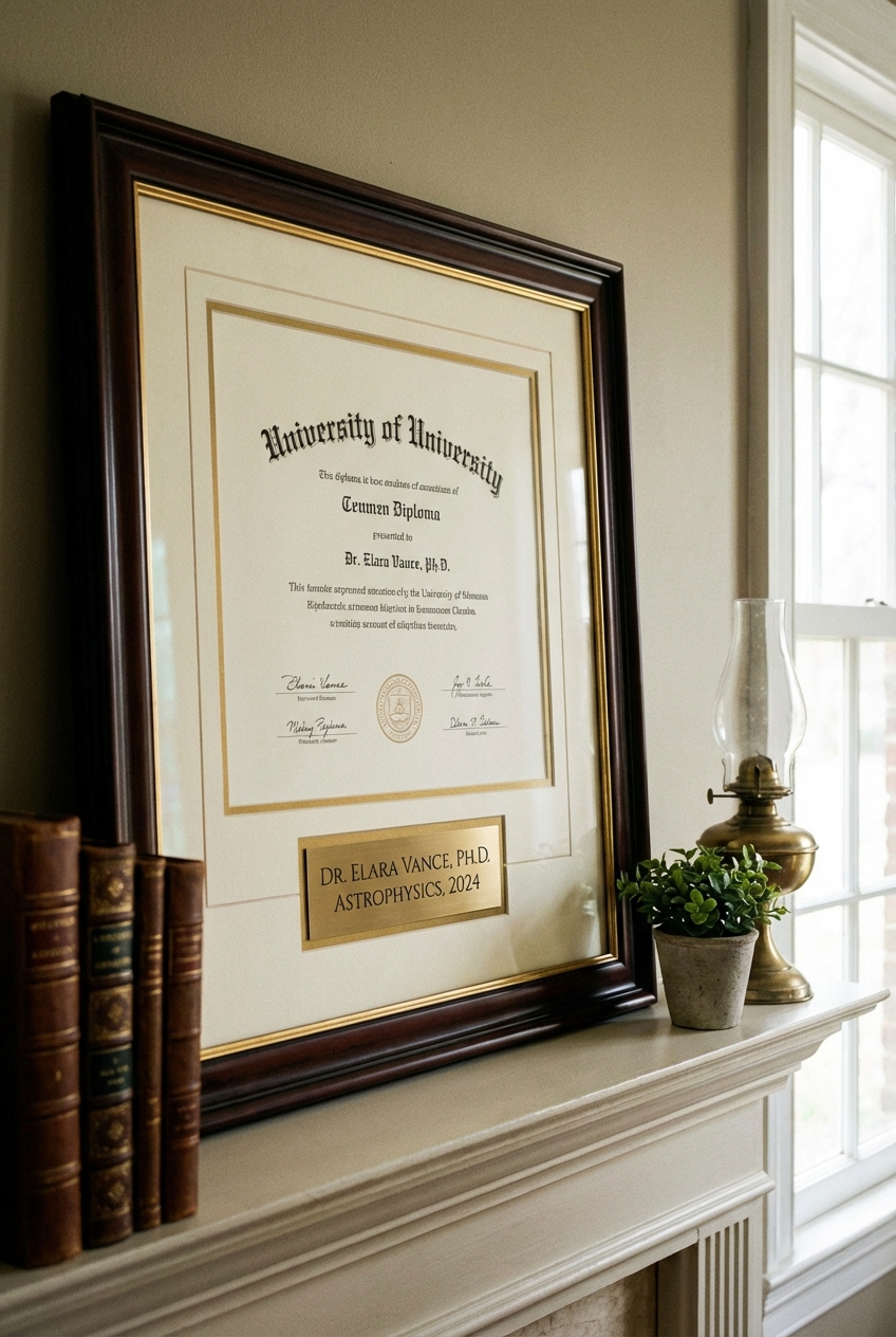 Framed diploma and certificates